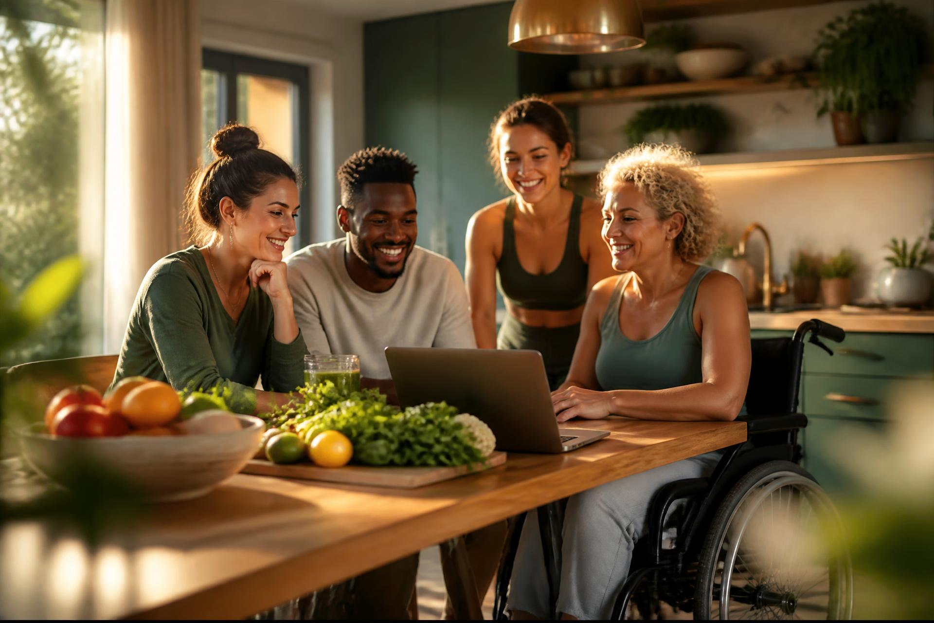 A diverse group of adults, including a person in a wheelchair, joining a virtual wellness coaching session in a bright kitchen with fresh produce