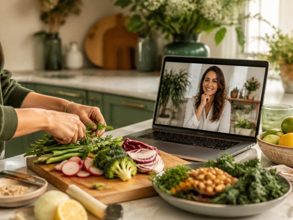 Fresh vegetables being prepared in a bright kitchen beside a laptop on a virtual coaching call